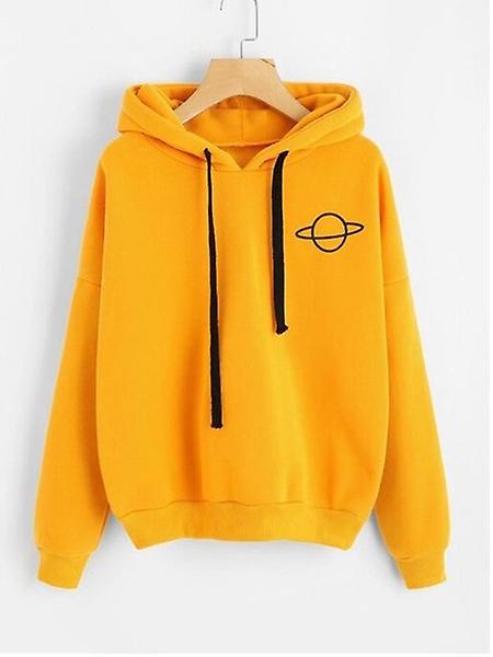 Spring Autumn Yellow Pullovers Ladies Solid Color Drawstring Hooded Full Sleeve Sweatshirt