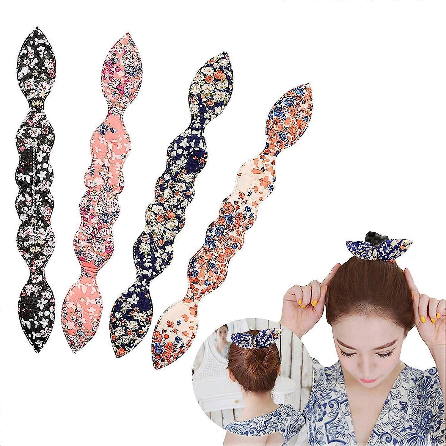 Haarknoten-Maker, 4 Stück, magischer Hasenohr-Styling-Locken-Dutt-Maker, flexibel, wiederverwendbar, Dutt-Krone, Twister – Blumenmuster