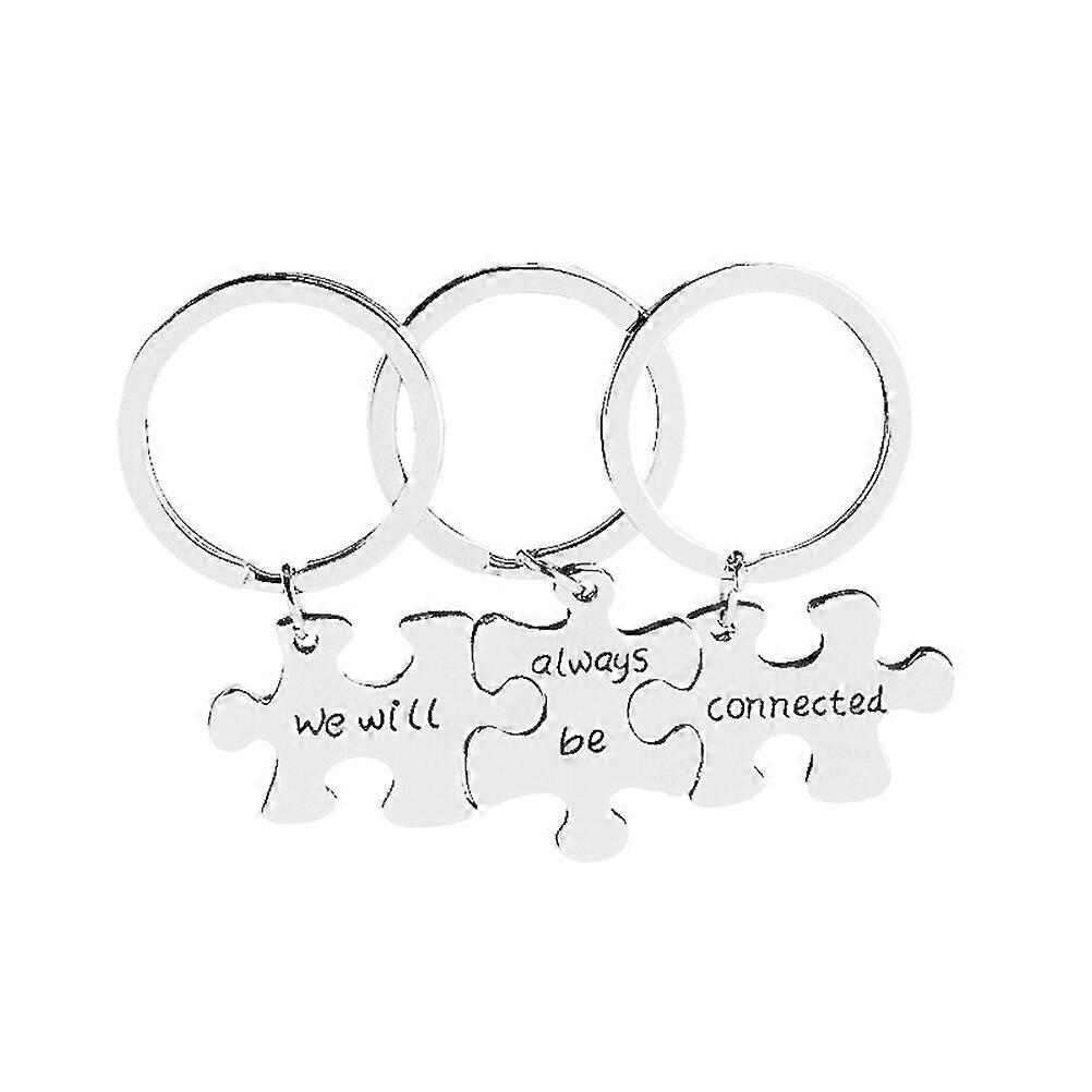 3pcs We Will Always Be Connected Letters Keychains Set Creative Puzzle Couple Key Rings Gift for Lovers (Silver)