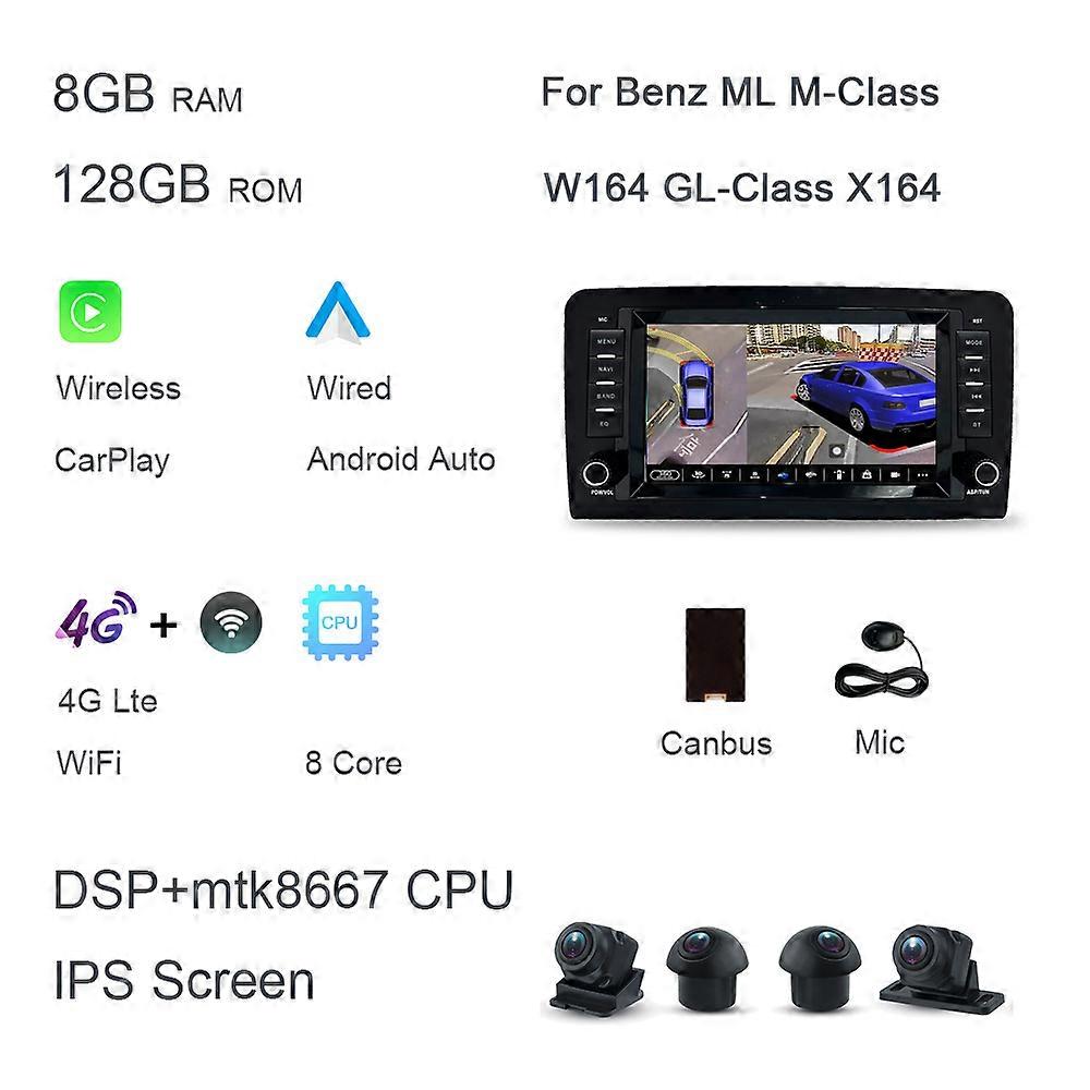 8 360 8GB+128G Carplay DSP Android 12.0 Car DVD Player GPS map WIFI Stereo RDS Radio For Benz ML M-Class W164 GL-Class X164
