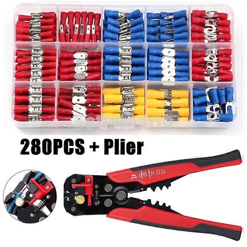 280PCS Spade Terminals Insulated Cable Connector Electrical Wire Crimp Butt Ring Fork Set Ring Lugs + Wire Stripper Plier