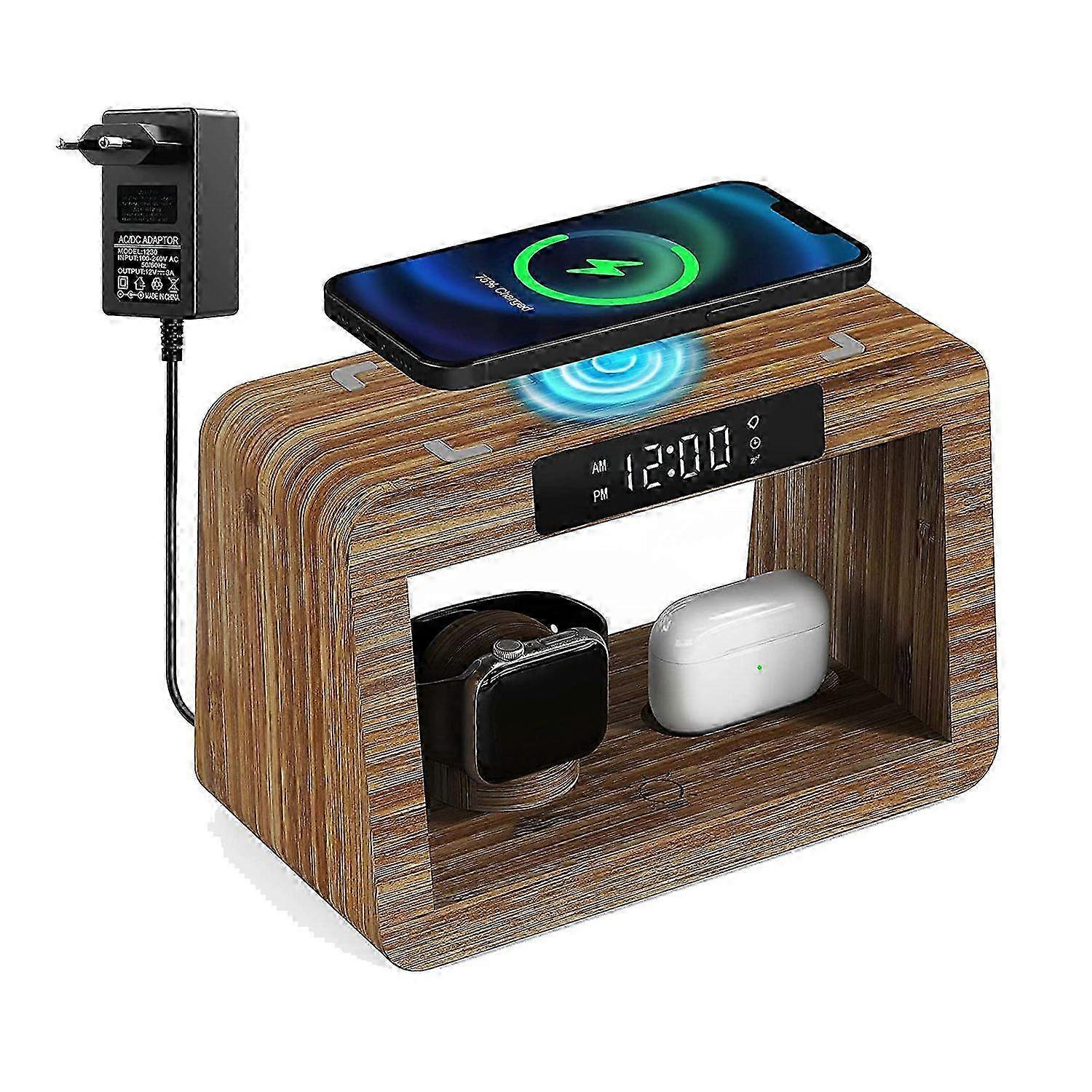 Station de charge sans fil 3 en 1, chargeur sans fil rapide + réveil numérique et veilleuse, compatible avec /-