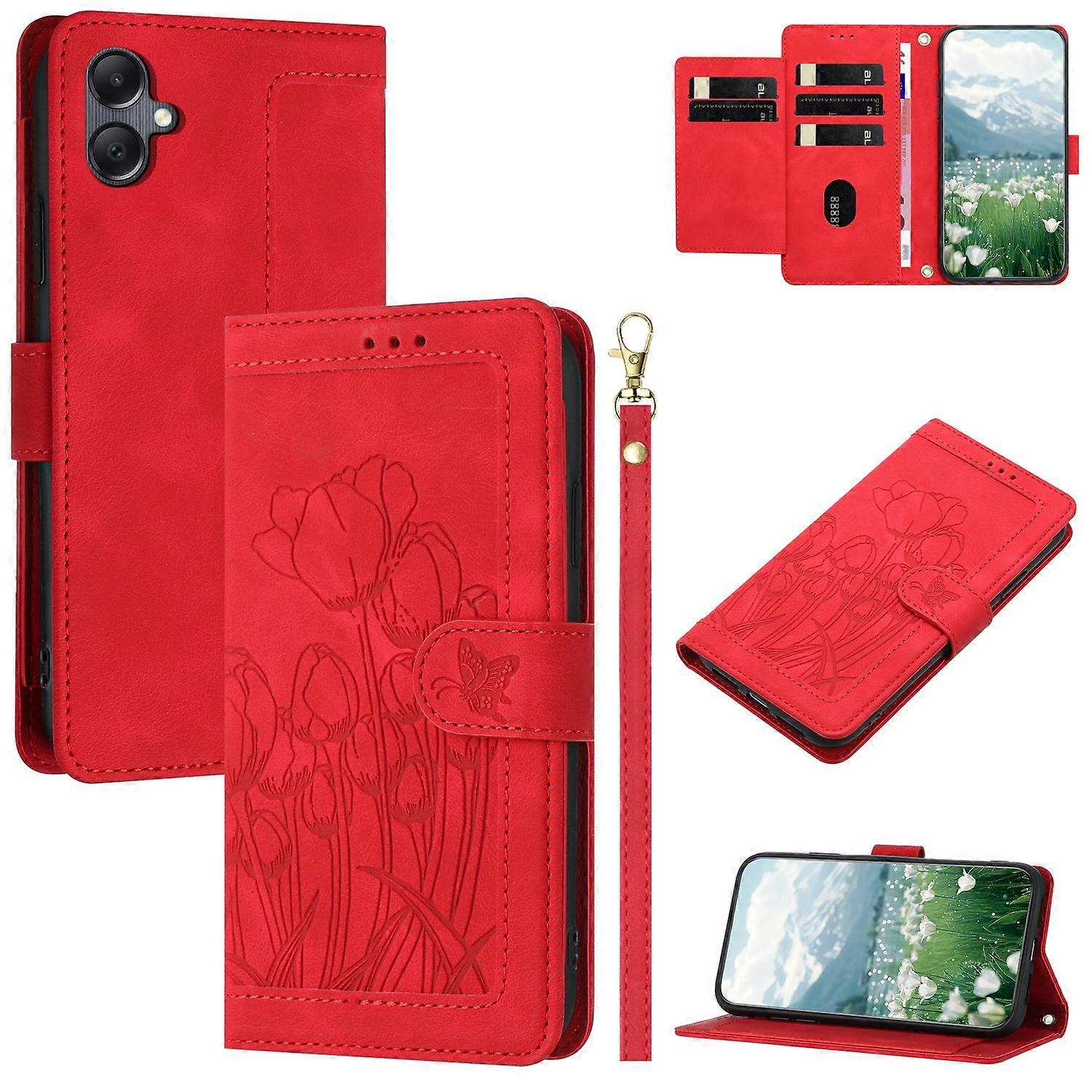 Tulips Embossed Leather Phone Case with Lanyard