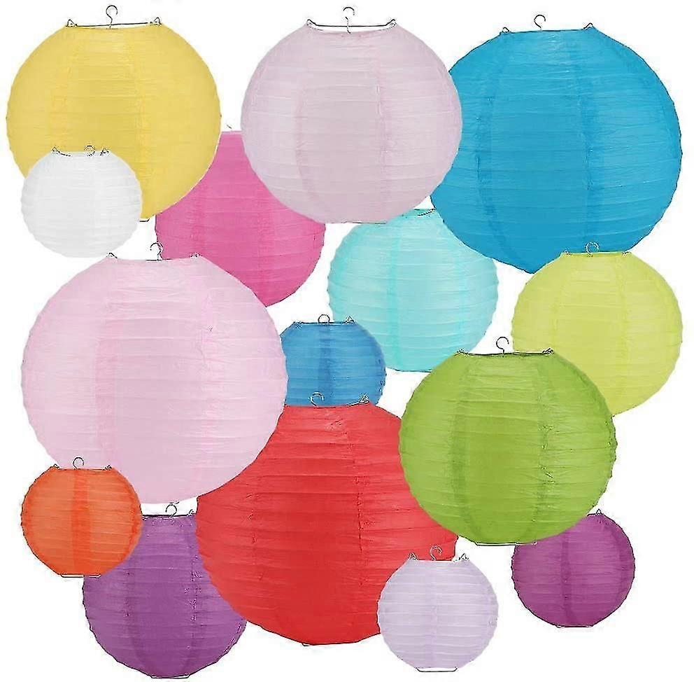 16 Pcs Paper Lanterns Round Colorful Paper Lantern With Wire Ribbing, Different Sizes