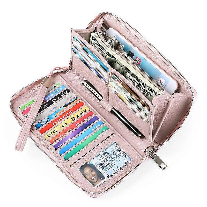 محفظة نسائية RFID حجب جلد الرمز البريدي حول المحفظة سعة كبيرة محفظة طويلة بطاقة الائتمان مخلب المعصم - وردي