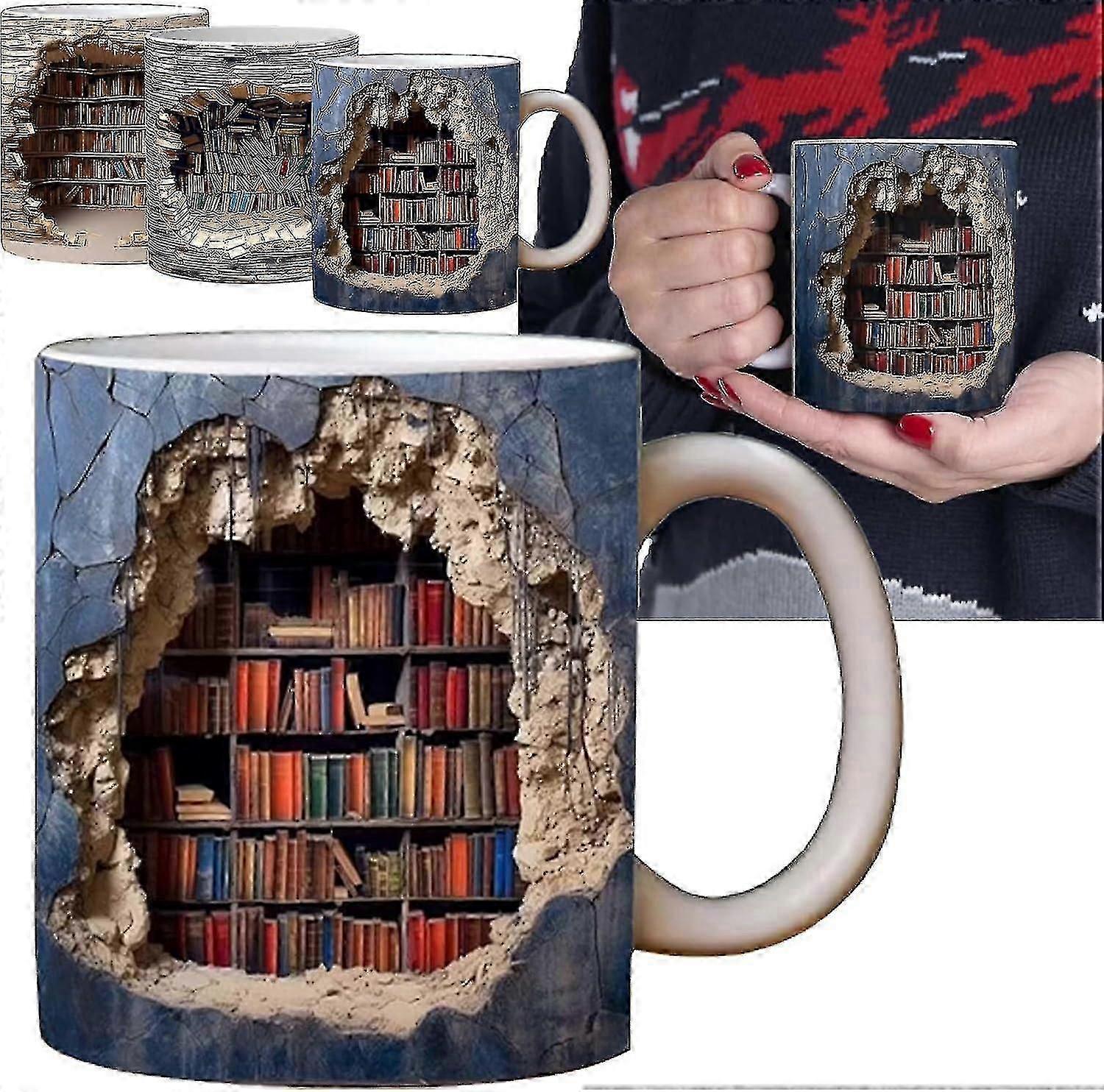 3d Bookshelf Novelty Cană de cafea pentru cititori, 3d Visual Effect Ceramic Mug Bookworm Coffee Mug Cadouri de Crăciun pentru iubitorii de cărți