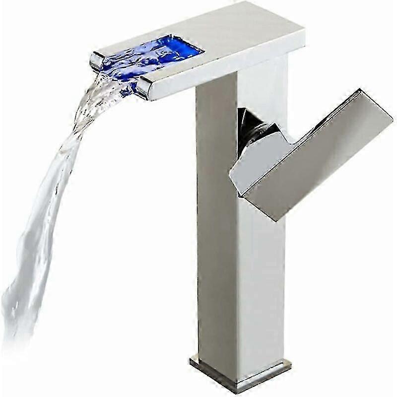 LED Basin Faucet High Waterfall Bathroom Faucet,Modern Elegant Design Brass Basin Mixer Tap,Hot and Cold Water Available,3 Color Changes,Chrome