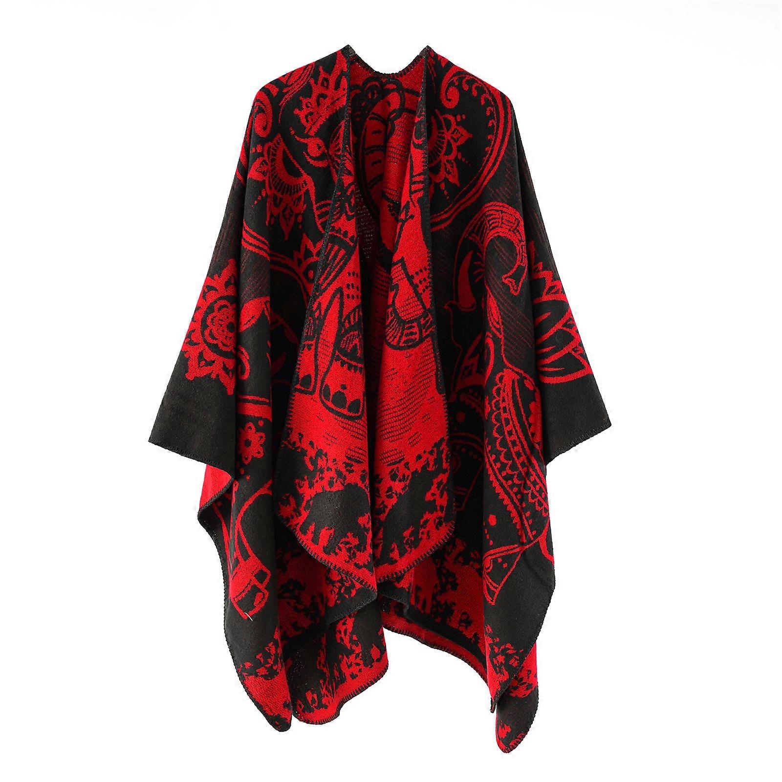 Trendy Ethnic Print Poncho Shawl Cape Ethnic Style Faux Cashmere Shawl Versatile Travel Cape for Effortless Layering Red