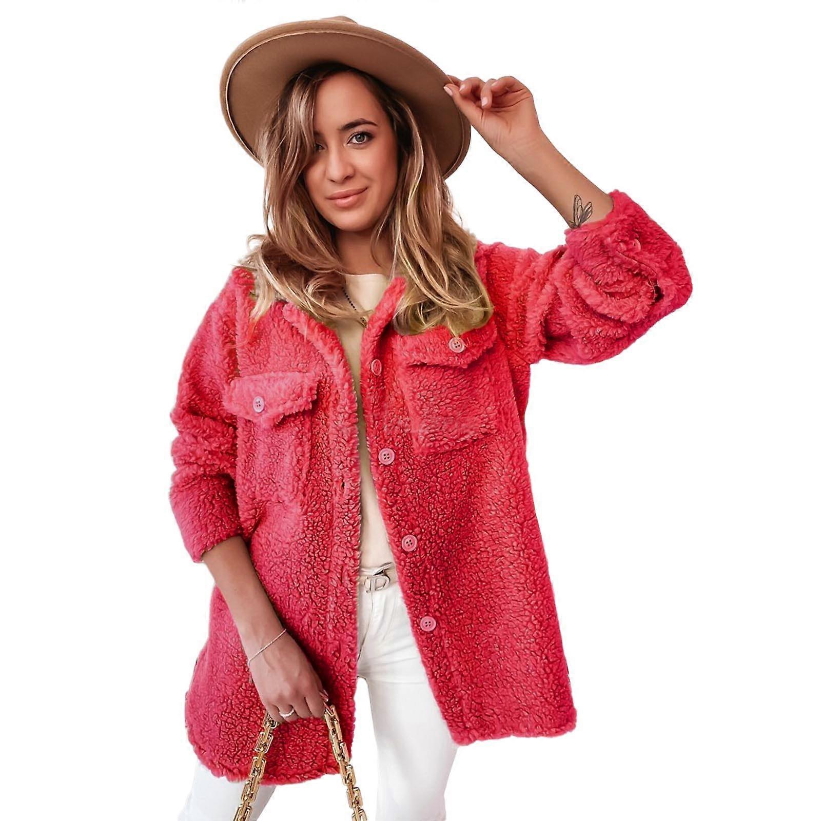Warm and Trendy Loose Fit Solid Color Jacket Women's Long Sleeve Button Front Collared Jacket XL watermelon red