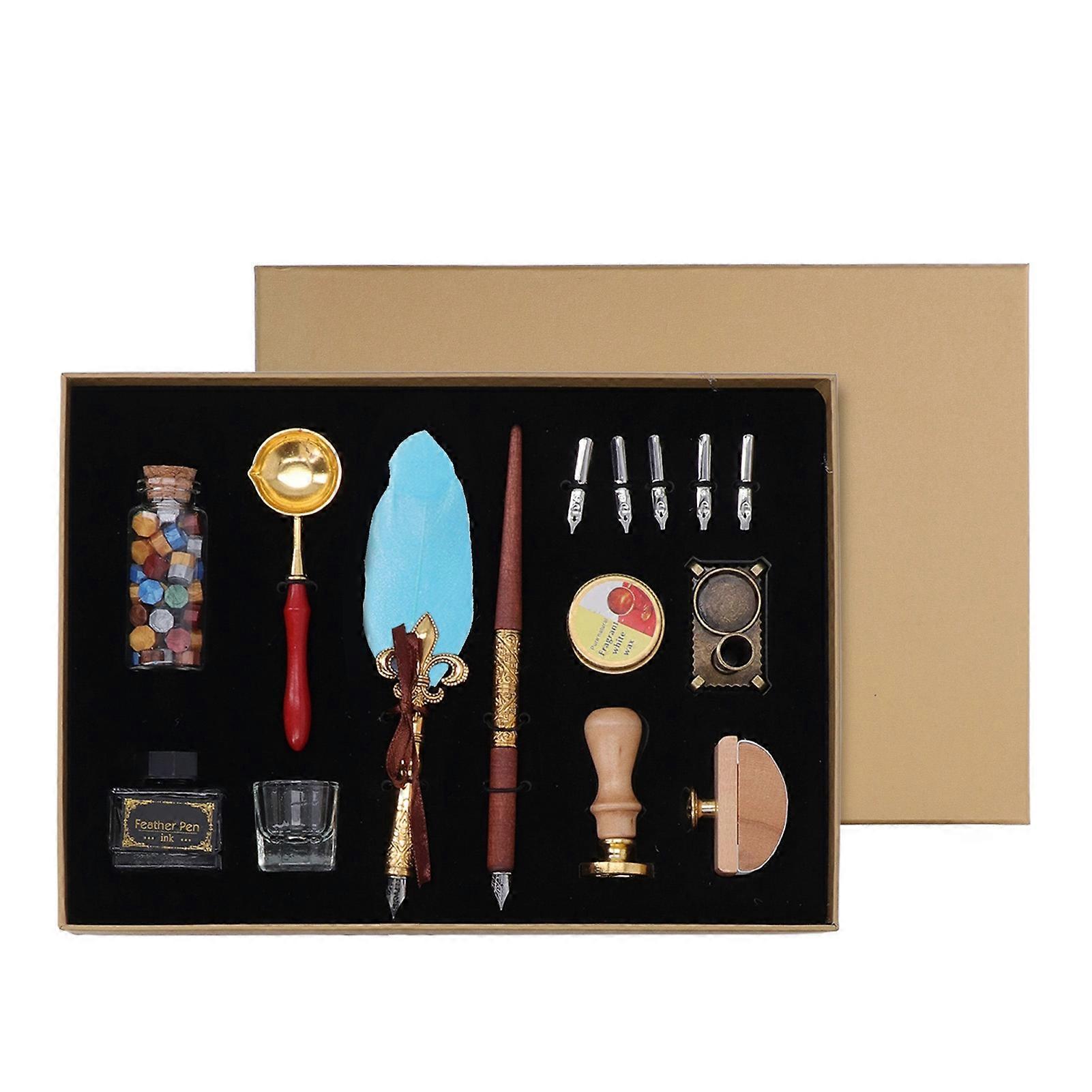 European Style Feather Vintage Elegance Quill Pen Set with Blotter Stamp Melting Wax Spoon 5 Replaceable Nibs