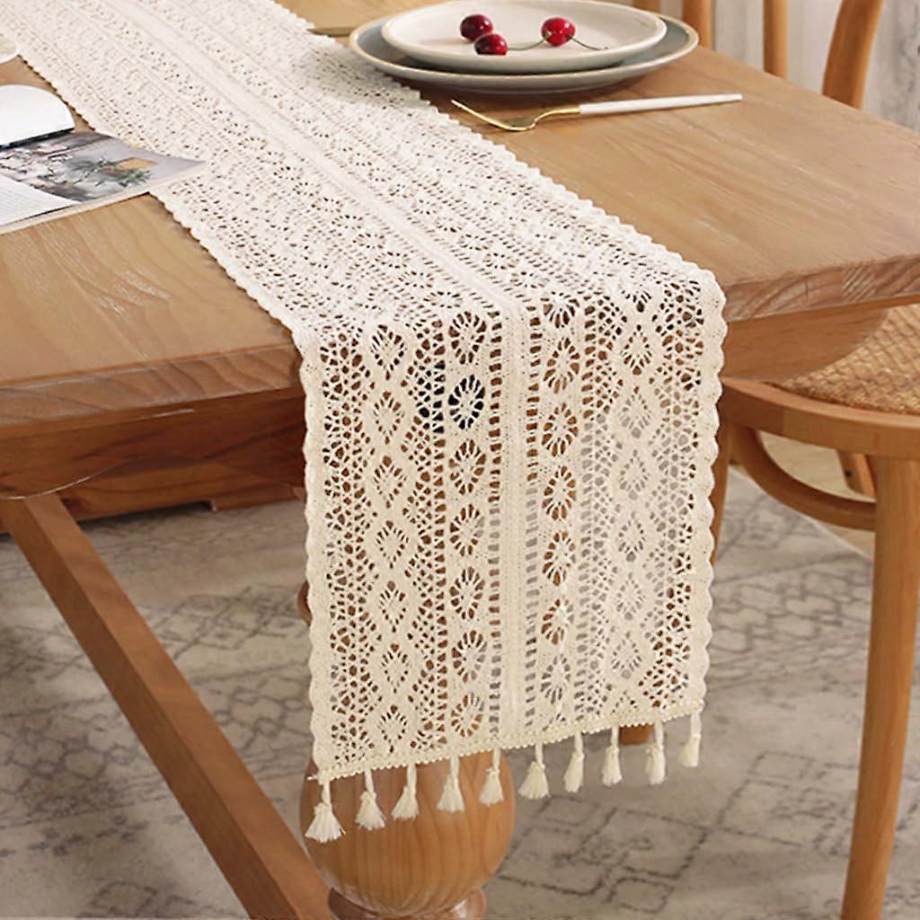 Boho Crochet Vintage Beige Rustic Farmhouse Macrame Table Runner for Kitchen Coffee Dining Table Decor 108 Inch