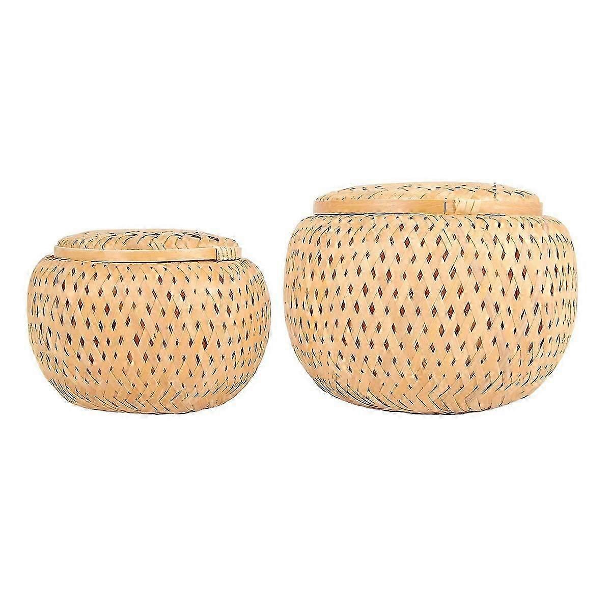 2 Small Decorative Bamboo Baskets with Lid for Storing Small Items Handmade and Braided Bamboo Sto