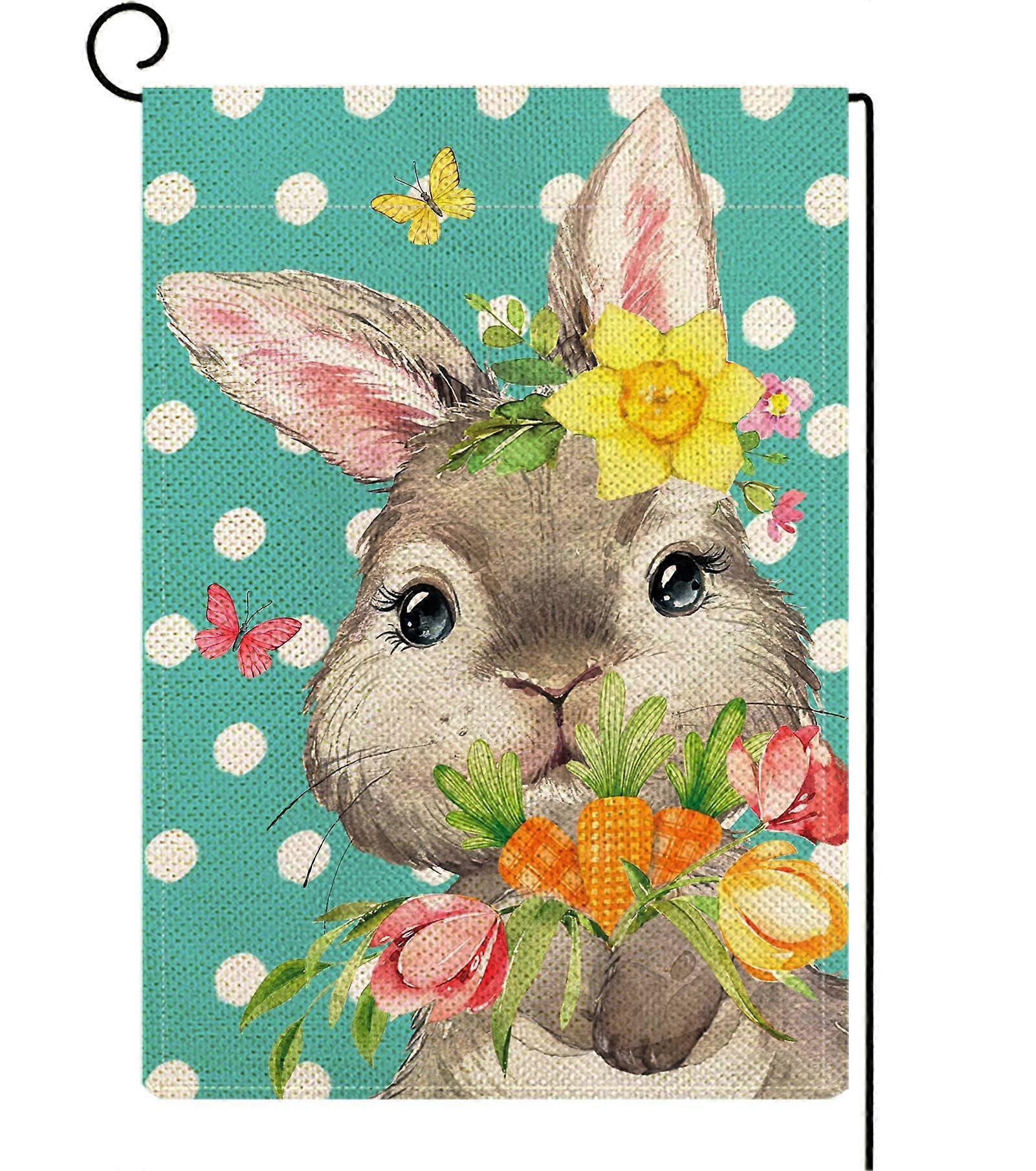 Easter Bunny Garden Flag 12x18 Inch Double-Sided Burlap with Polka Dots, Tulip Flowers, and Carrots for Spring Decor