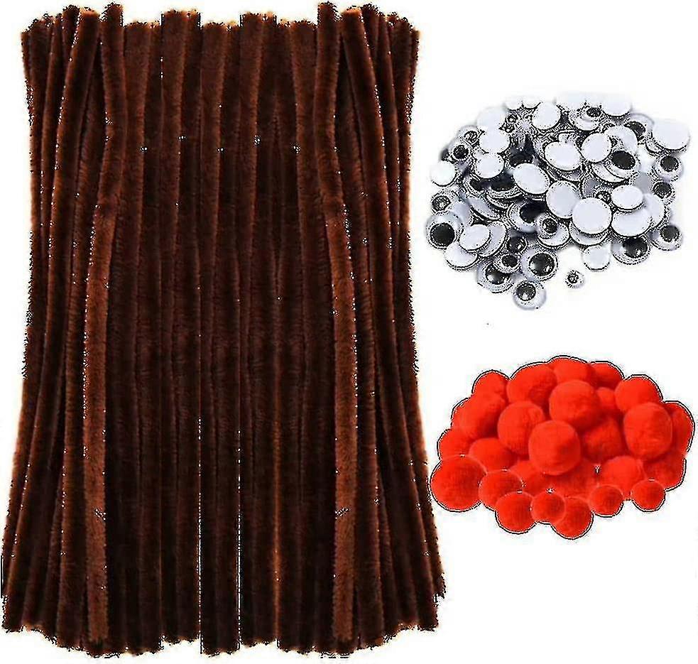 300 件圣诞棕色管道清洁剂套装，包括 100 件棕色雪尼尔茎、100 件自粘摆动 Googly 眼睛和 100 件红色绒球