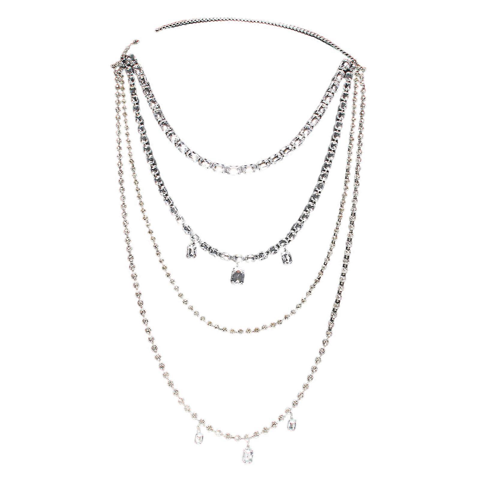 まばゆいばかりの多層ショルダーチェーンラインストーンバックアクセサリーネックレスファッションフォワード女性のためのお祝いシルバー