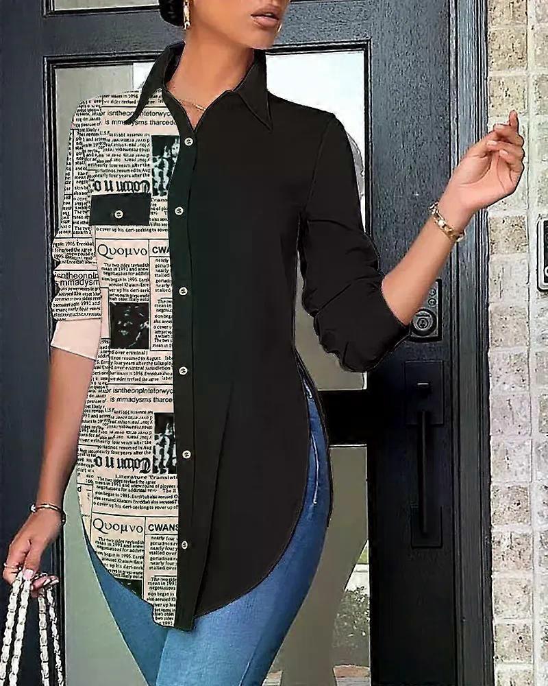 Women's Casual Long Sleeved Top, Printed Back Neck Shirt, Elegant And Fashionable, Office, Spring And Autumn