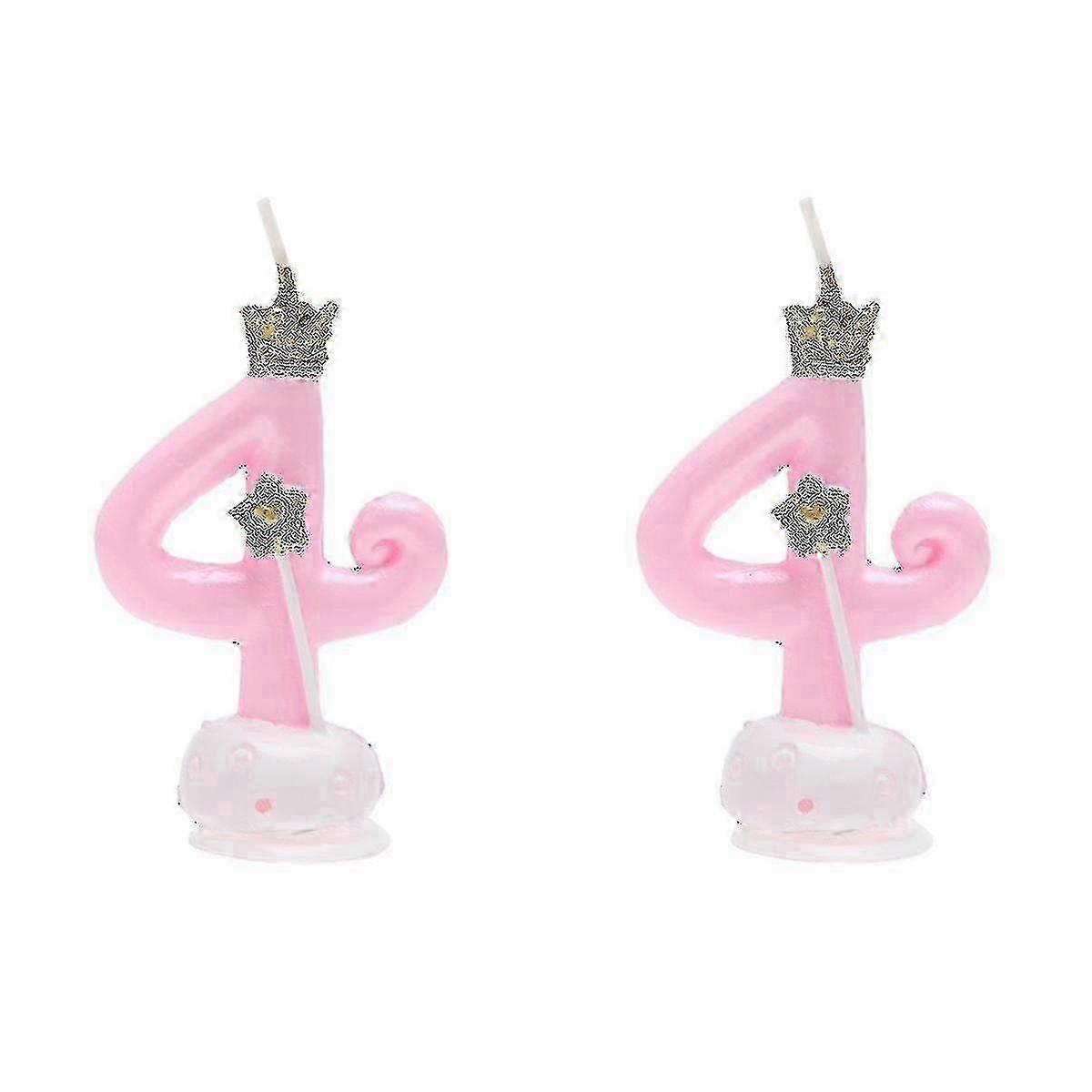 2pcs Birthday Digital Candles with Small Crown Design for Party Decoration, Number 4 Decorated Candles in Pink Color