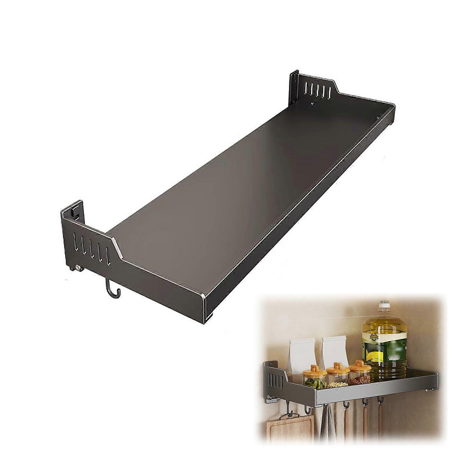 Wall Mounted Microwave Rack Stand, Heavy Duty Wall Mount Support Shelves, With 8 Hooks (Color: Gunmetal 35x70x11cm)