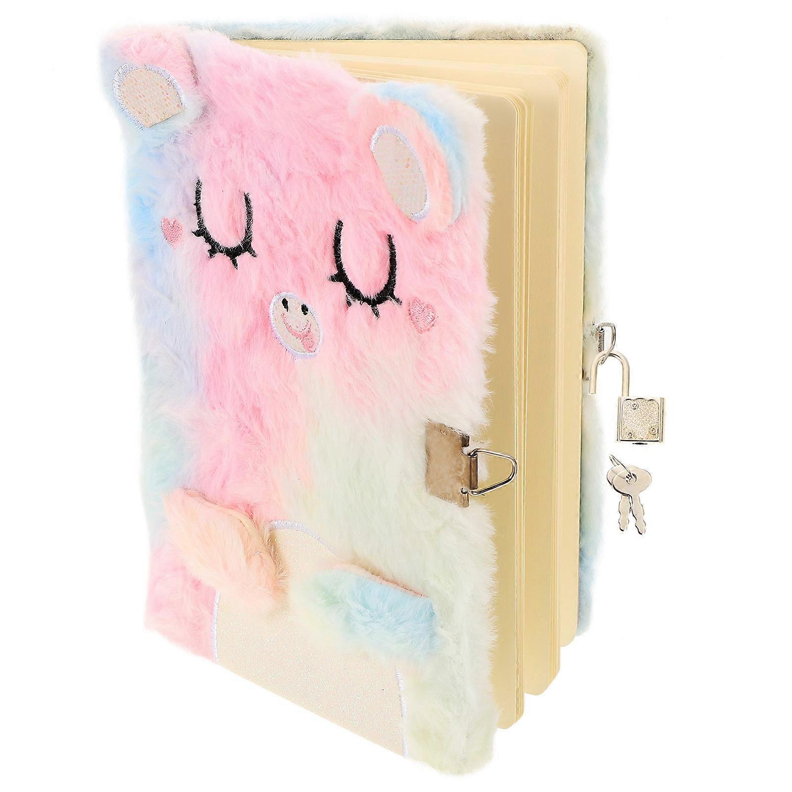 Fluffy Lock Diary Cartoon Plush Shell for Students Planning Rectangular 8.7 6.1 1.0in 1Set