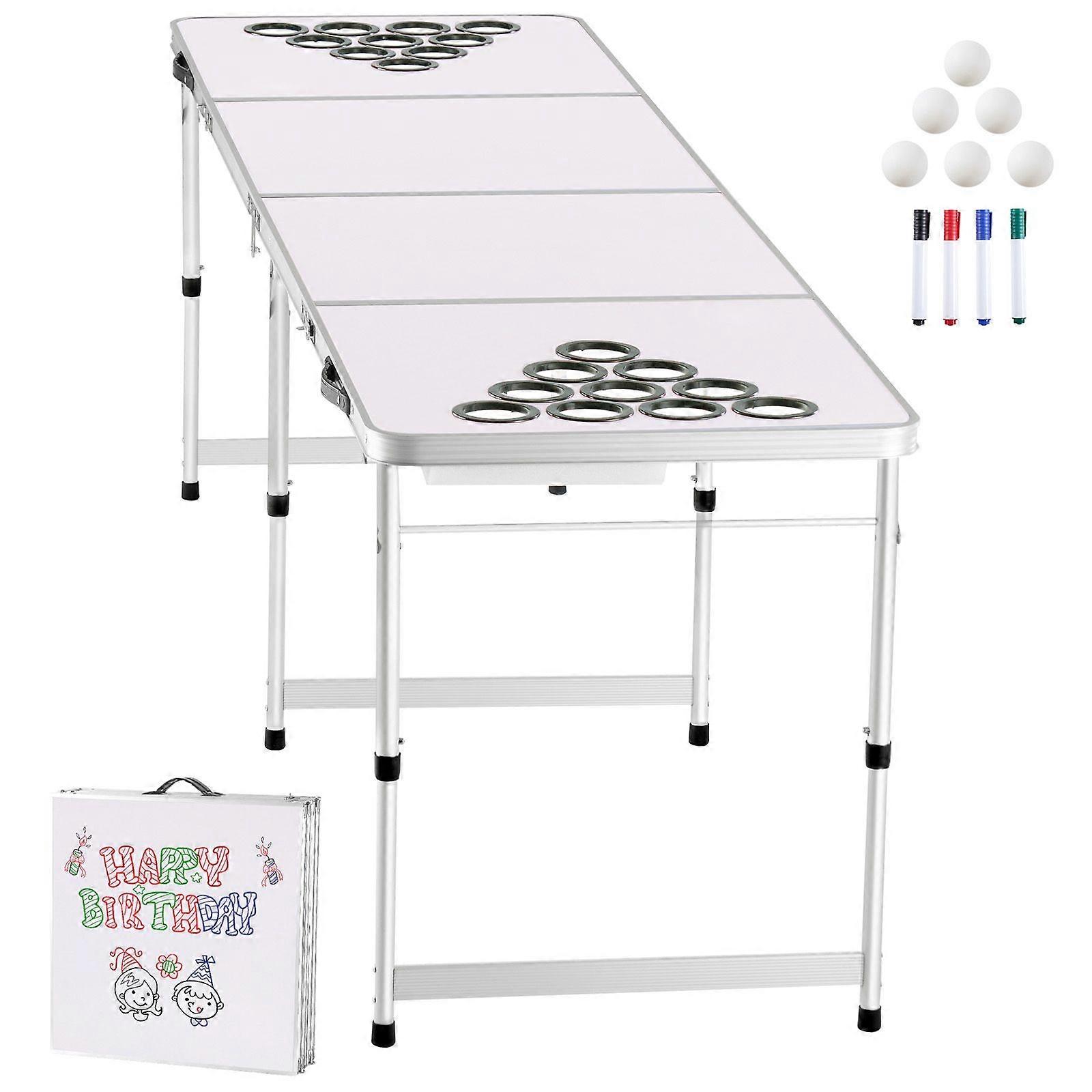 8 Foot Portable Beer Pong Table, Folding Tailgate Table, Cup Holes, Dry Erase Markers and Carrying Handles, Adjustable Height, White