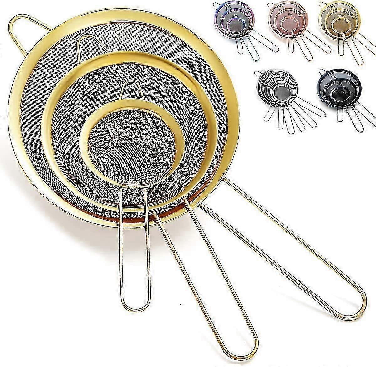 3-teiliges goldfarbenes feinmaschiges Siebset, goldenes Mehlsieb zum Backen, Edelstahlsieb, Matcha-Teesieb, Soßenabscheider, Stasher