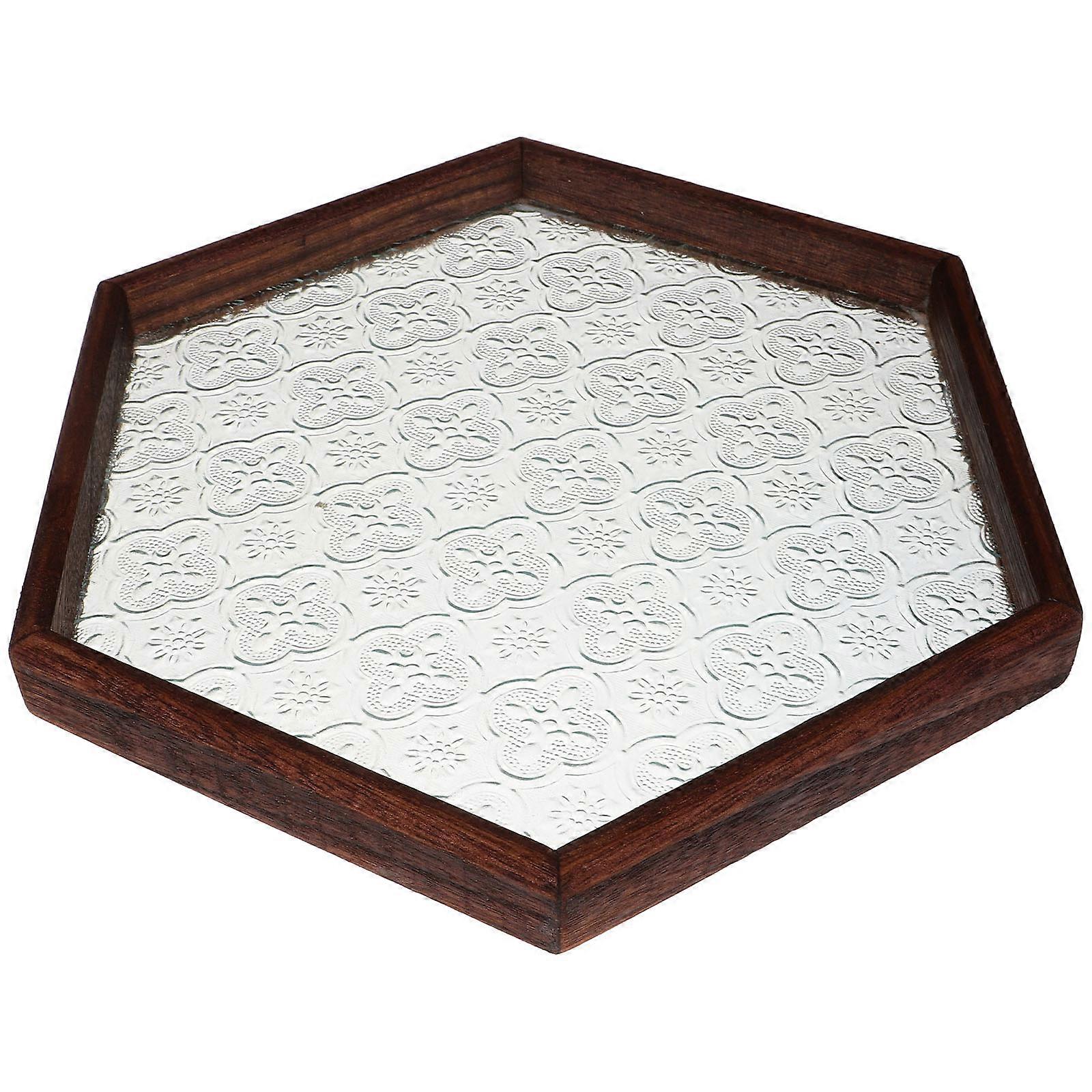 Elegant Hexagon Tea Tray With Wood Edge For New Year Celebration 26.50X23.00X2.50CM 1Pcs