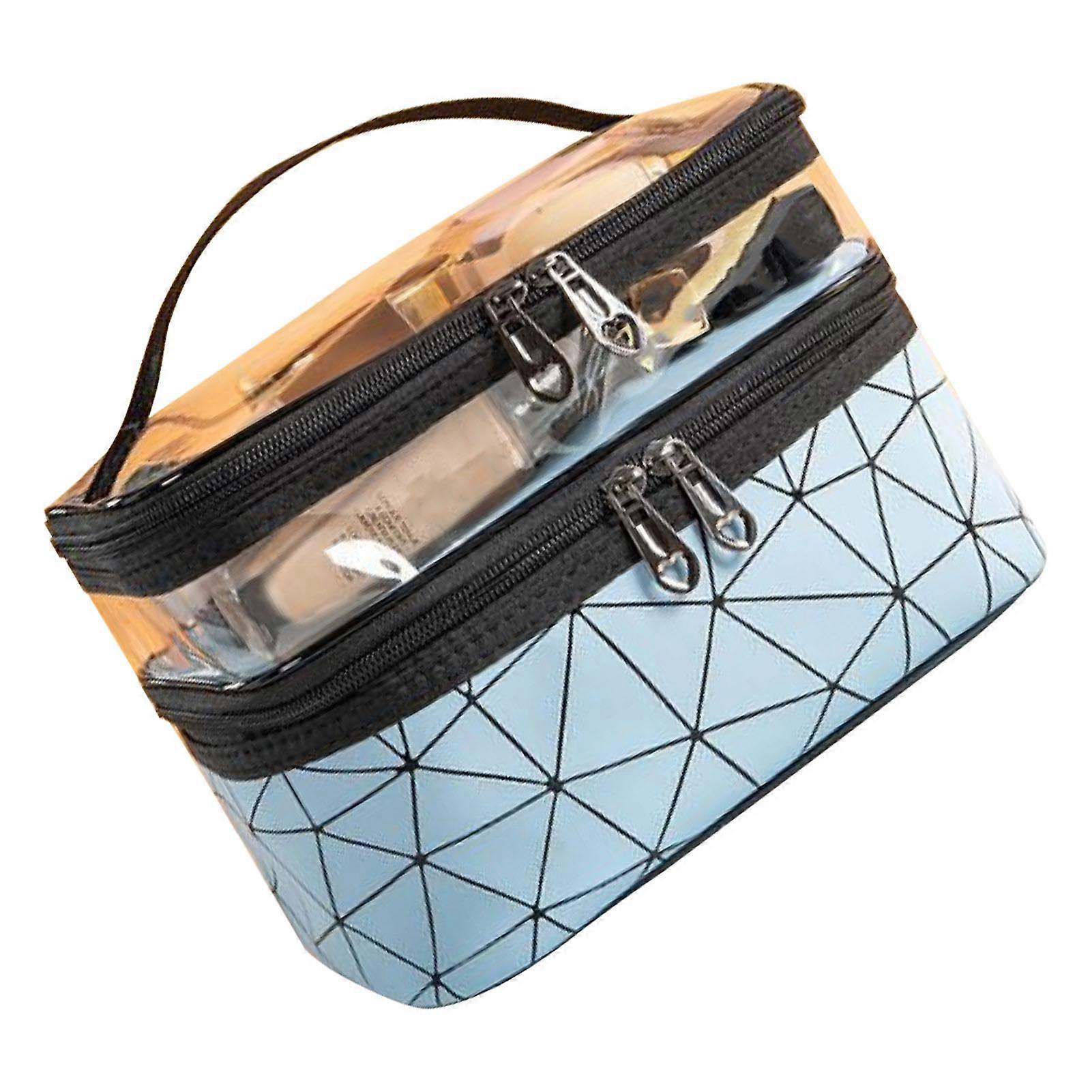 Double Layer Makeup Bag Portable Vertical Storage Case Large Capacity Cosmetic Bag for Travel Blue