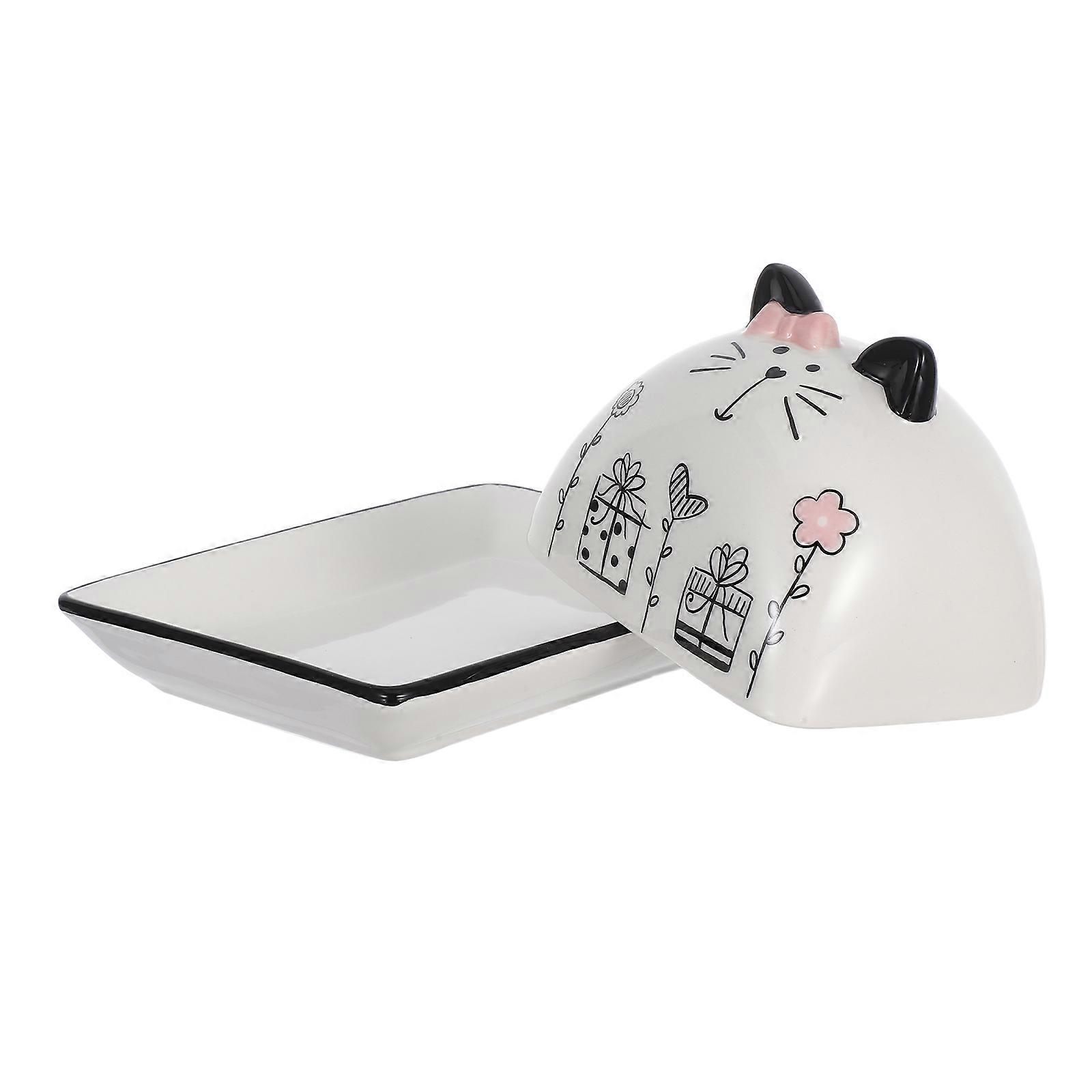 Ceramic Butter Dish with Lid Elegant Cat Design, Multi Purpose Storage for Butter, Cheese & Desserts, Safe Kitchen Accessory