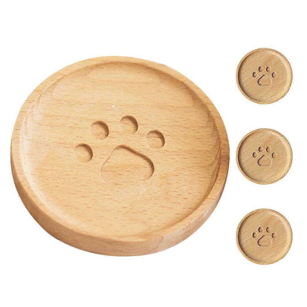 Wood Coasters Set Round Cute Paw Pattern Table Protection Office Use 4Pcs