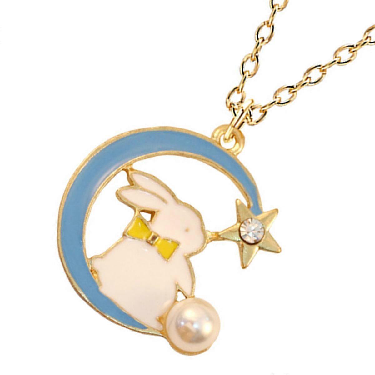 Blue Alloy Rabbit on the Moon Necklace for Kids with Cartoon Pendant Design and Classic Style 8.5cm
