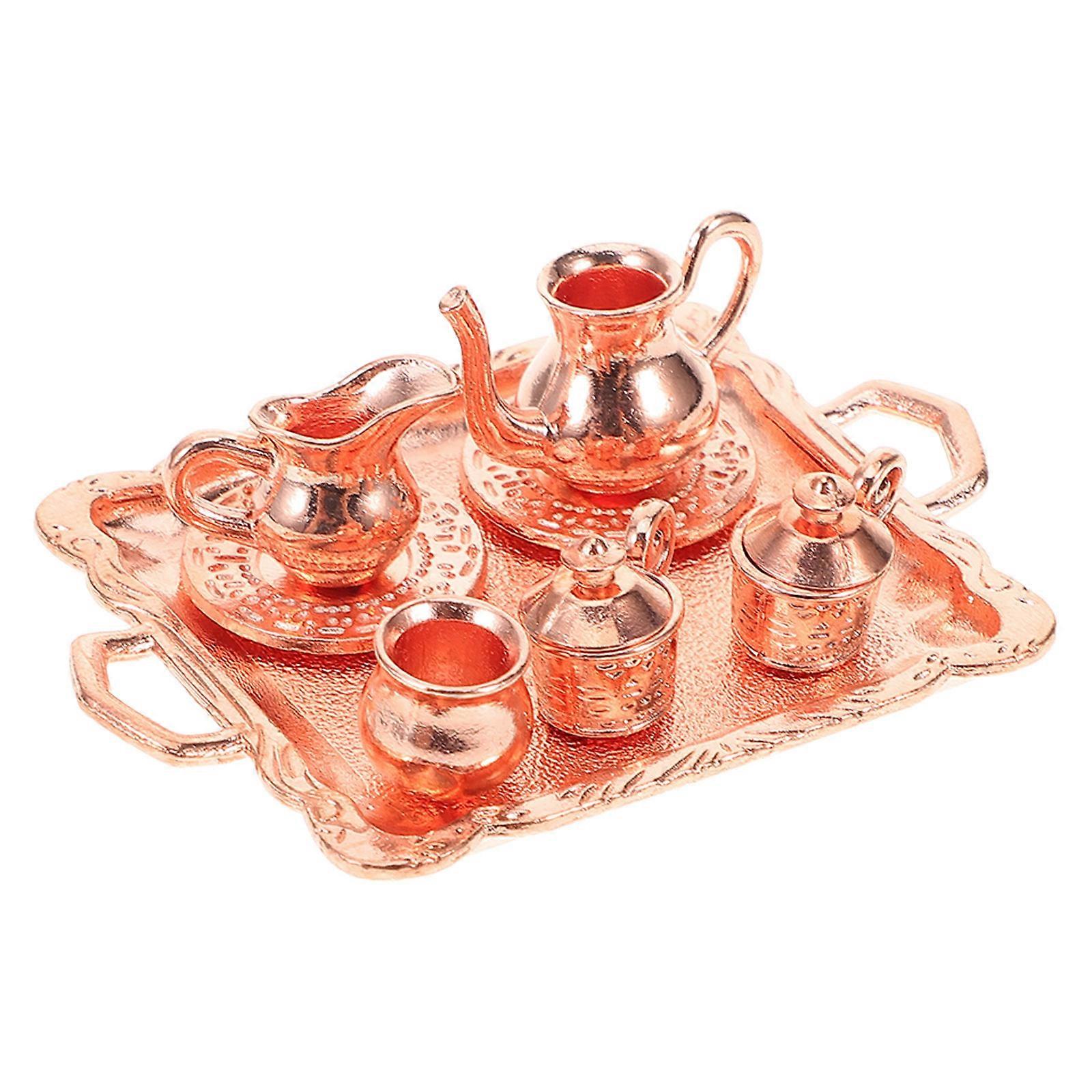 Rose Gold Miniature Doll House Teaware Set Alloy Material for Decor 1 Set