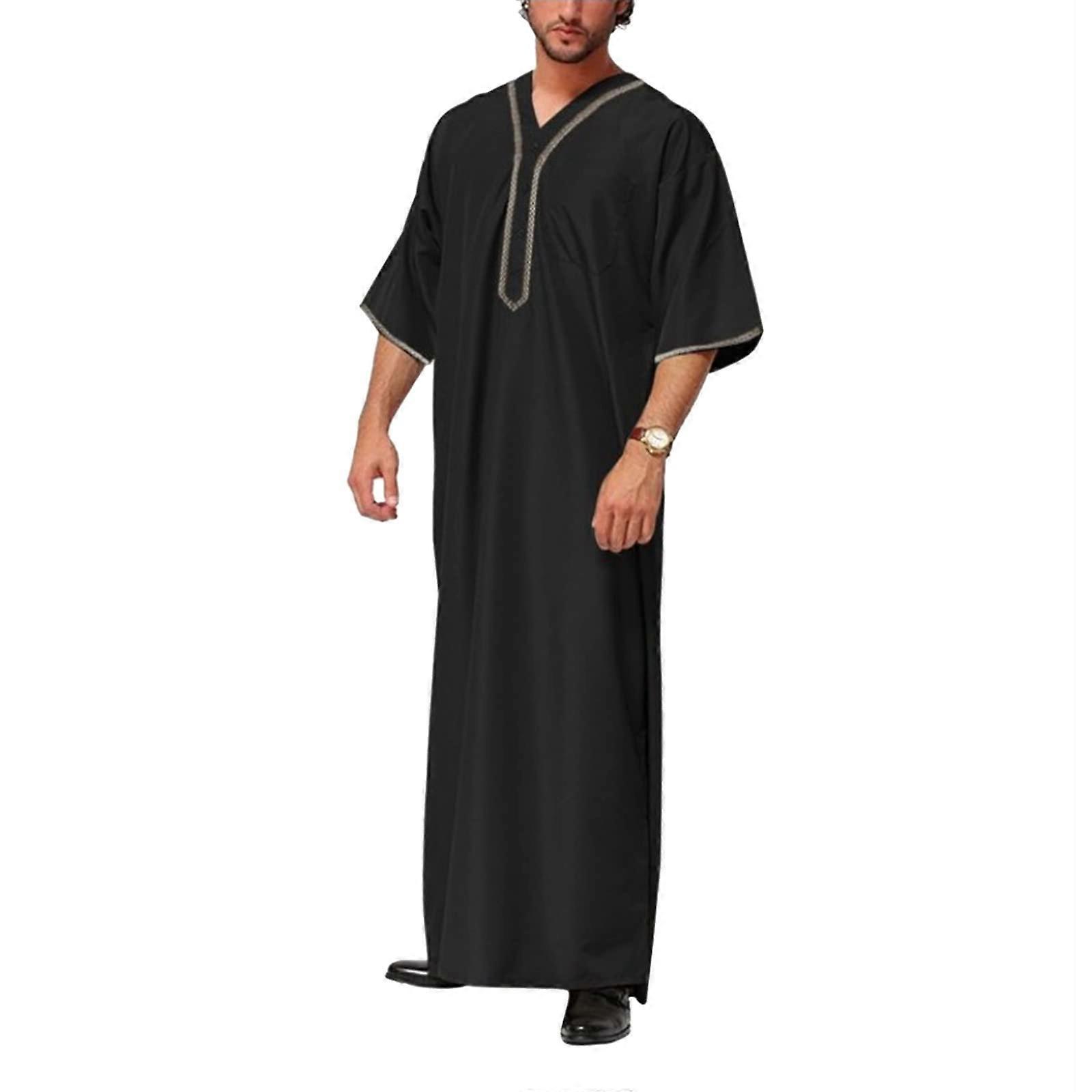 Muslim Men's Jubba Thobe Dishdasha Saudi Arabia Kaftan Dress Long Sleeve Dubai Muslim Dress Middle East Islamic Clothing XL Black