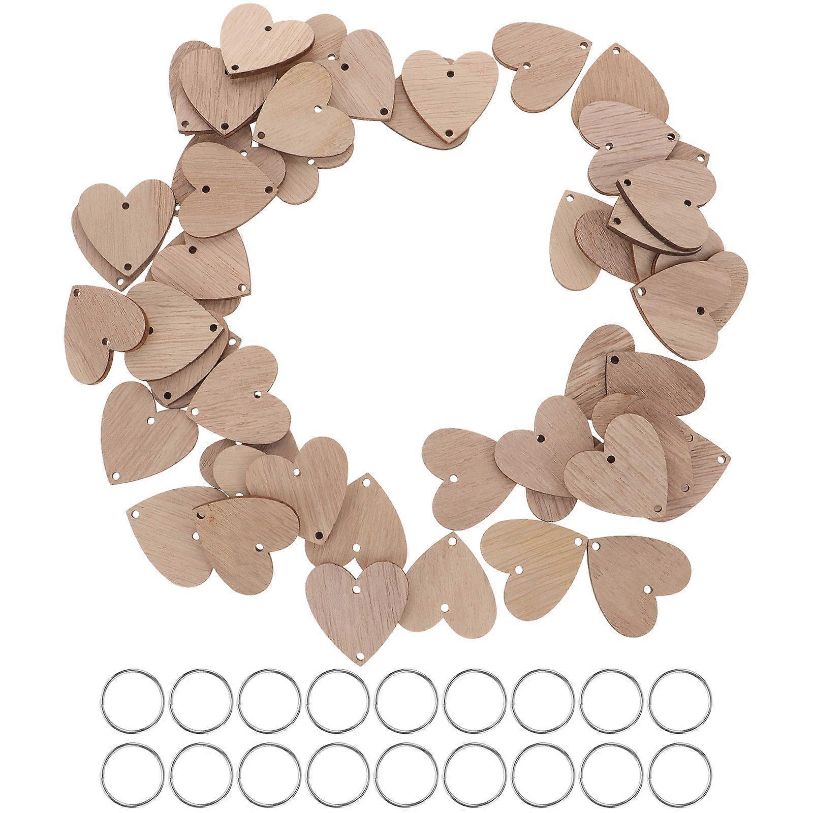 50pcs Heart Shaped Wooden Slices with 50 Iron Loops – Natural Wood Grain Calendar Board Cutouts for Crafting and Hanging Decor