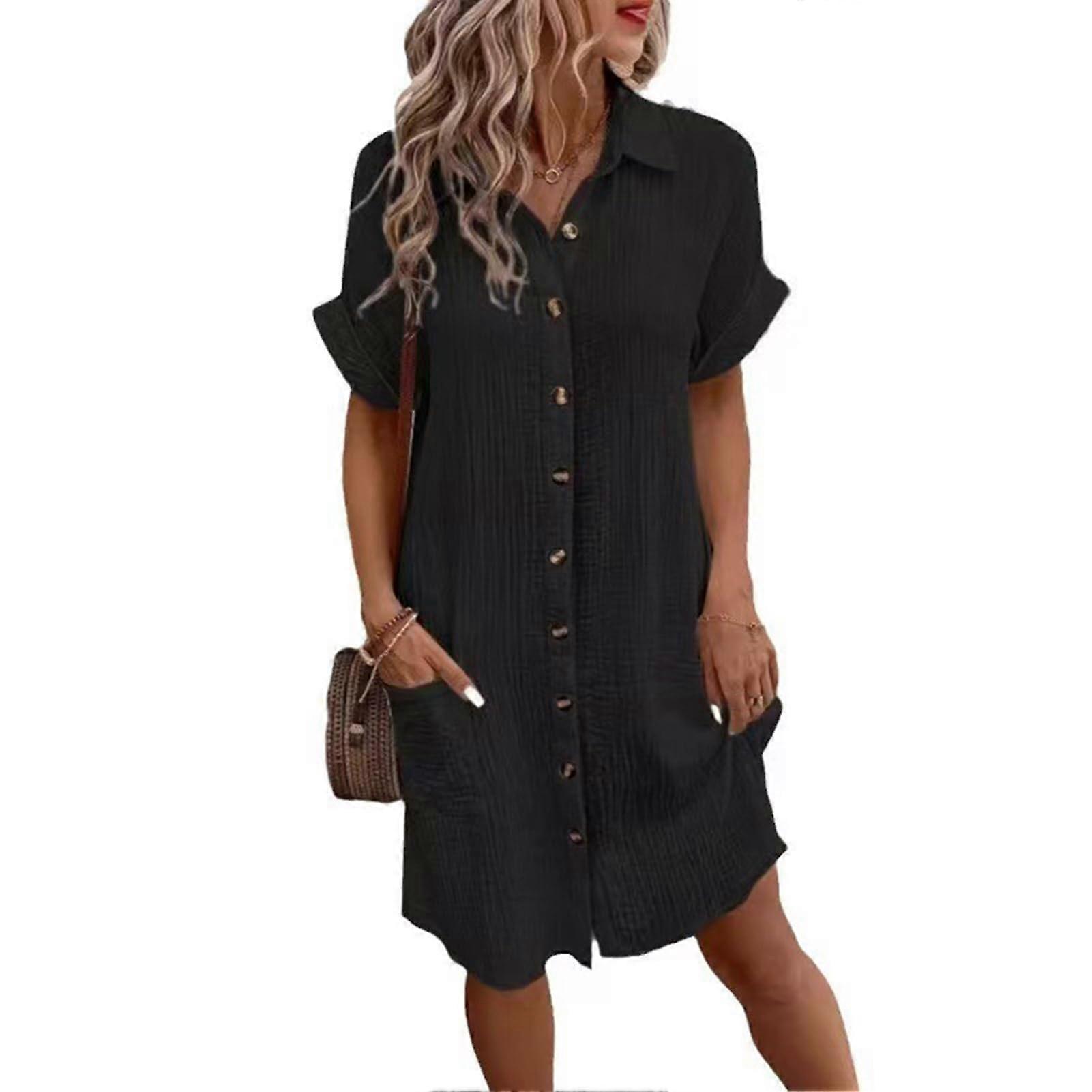 Women's elegant party dress with quality polyester, women's casual buttondown Vneck with pockets, shortsleeved, beach, black, XXL.