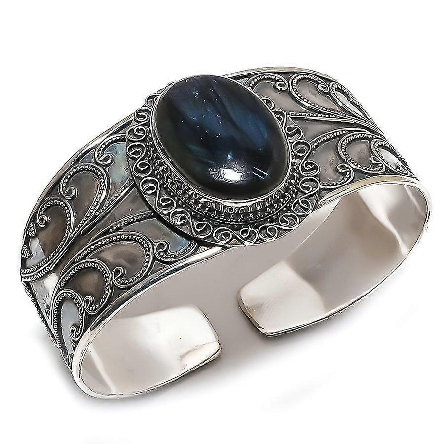Natural Labradorite Gemstone 925 Sterling Silver Cuff Bangle Adjustable O8I94