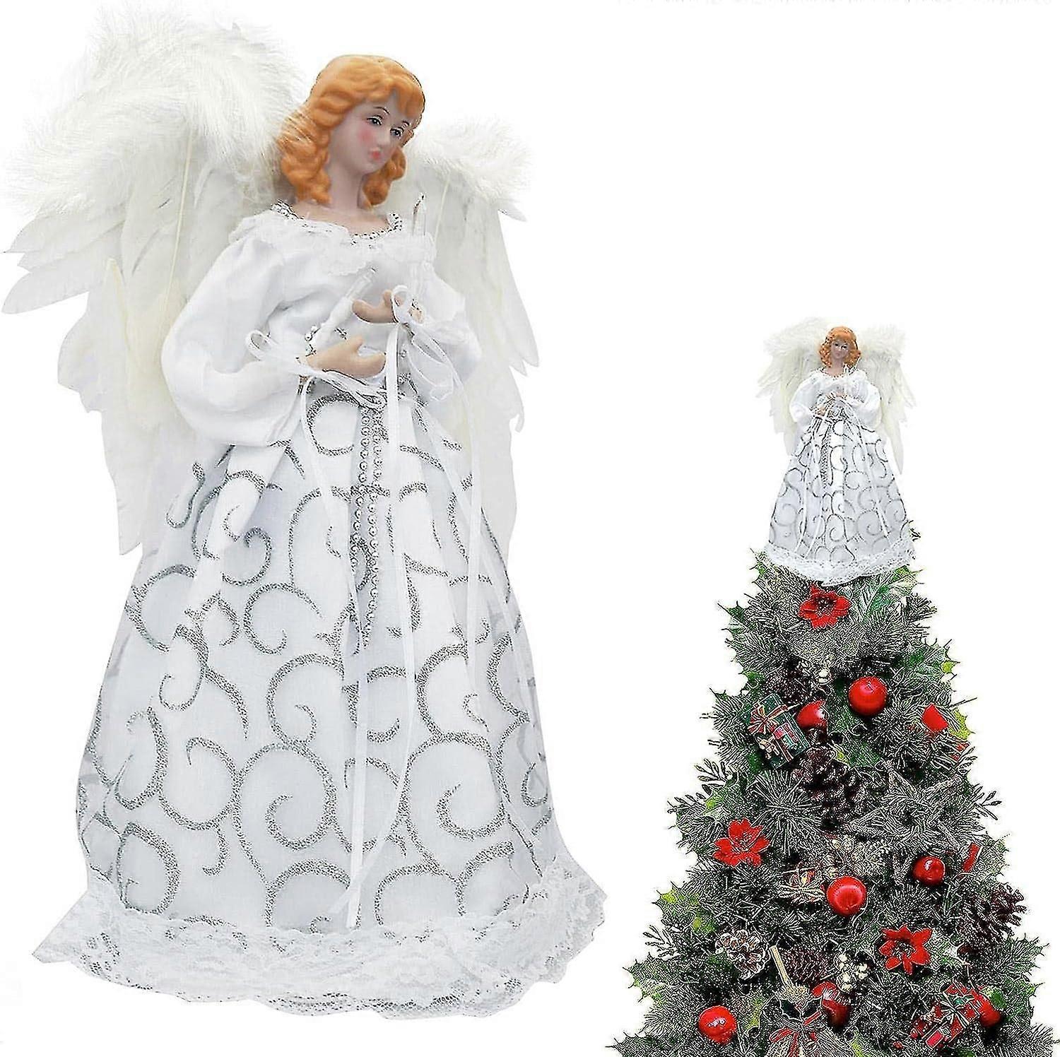 Baumkronenengel mit Lichtern, 3D-LED-Engelsbaumspitze, stehender weißer Engel Weihnachtsbaumaufsatz oder Tischplatte, für Weihnachtsfeiertagsornament oder Ind