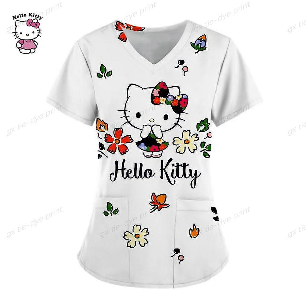 Uniforme pour femmes, T-shirt Hello Kitty, uniforme d'infirmi��re de poche, col en V, v��tements pour femmes, haut d'h?pital, 2023