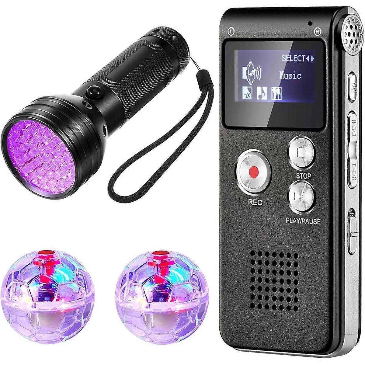 4-Piece Device Kit Includes 1 Pocket Digital Voice Recorder 2 LED Light-Up Pet Cat Balls 1 Black UV