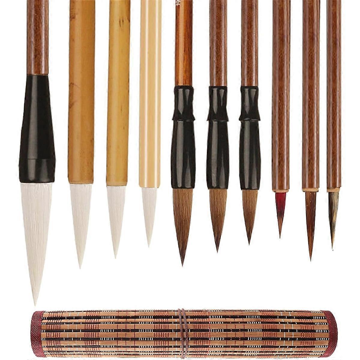 10-Piece Chinese Calligraphy Brush Set-Premium Writing Brushes for Beginners & Artists-with Roll-Up Bamboo Brush Holder
