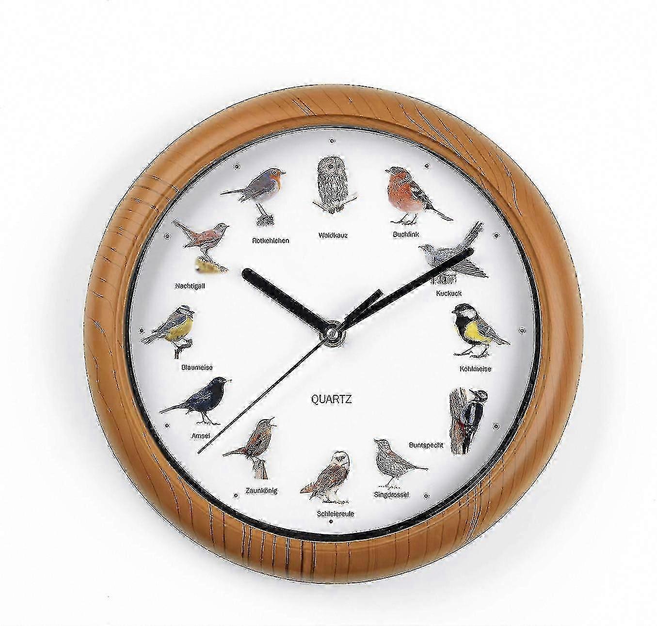 Birdsong Wall Clock with 12 Realistic Bird Songs & Patterns, Auto Shut-Off 9-5 PM, Wooden Frame (AA Batteries, 25x4 cm)