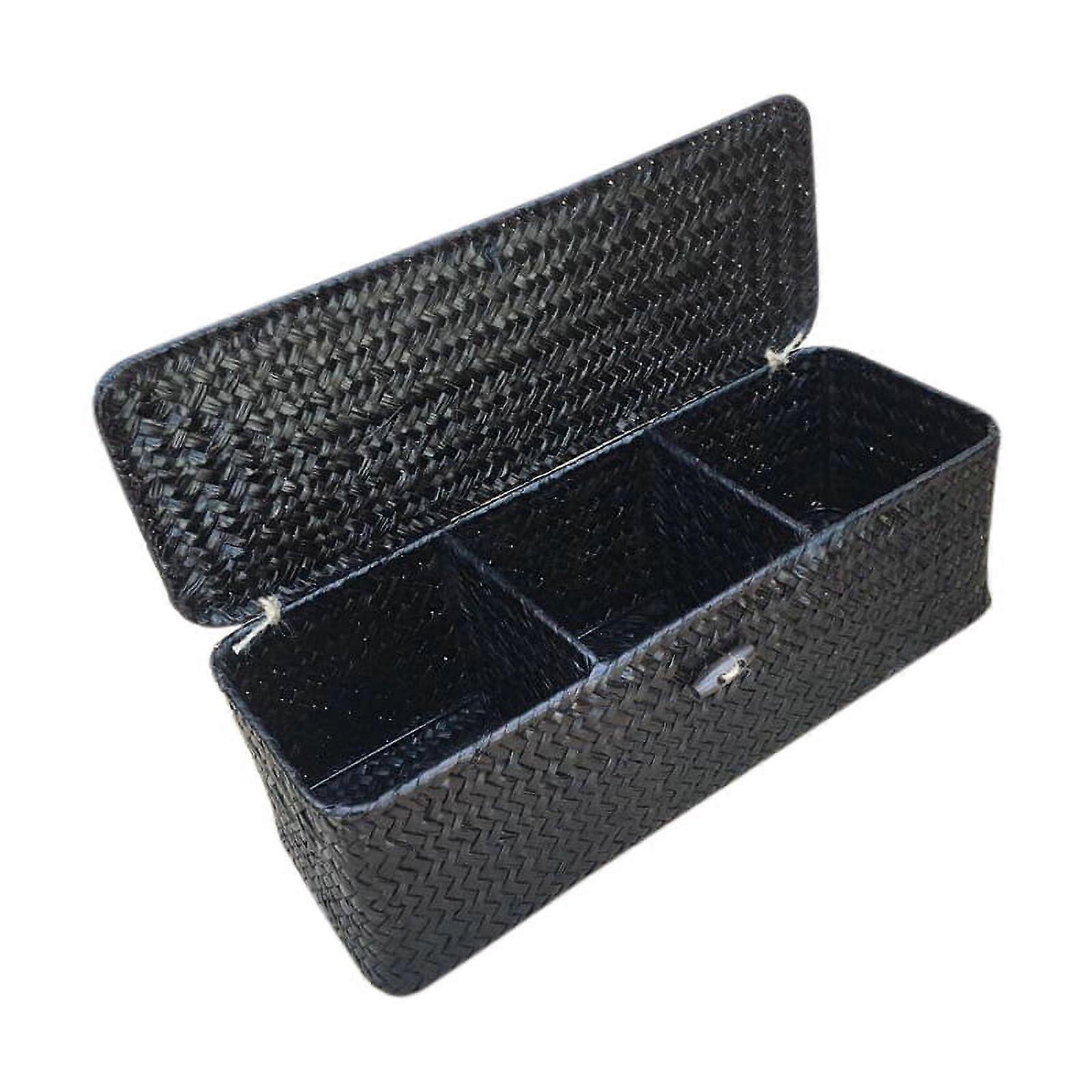 3 Compartment Storage Box Wicker Rattan Basket with Cover Sundries Holder Case Container Desktop Organizer