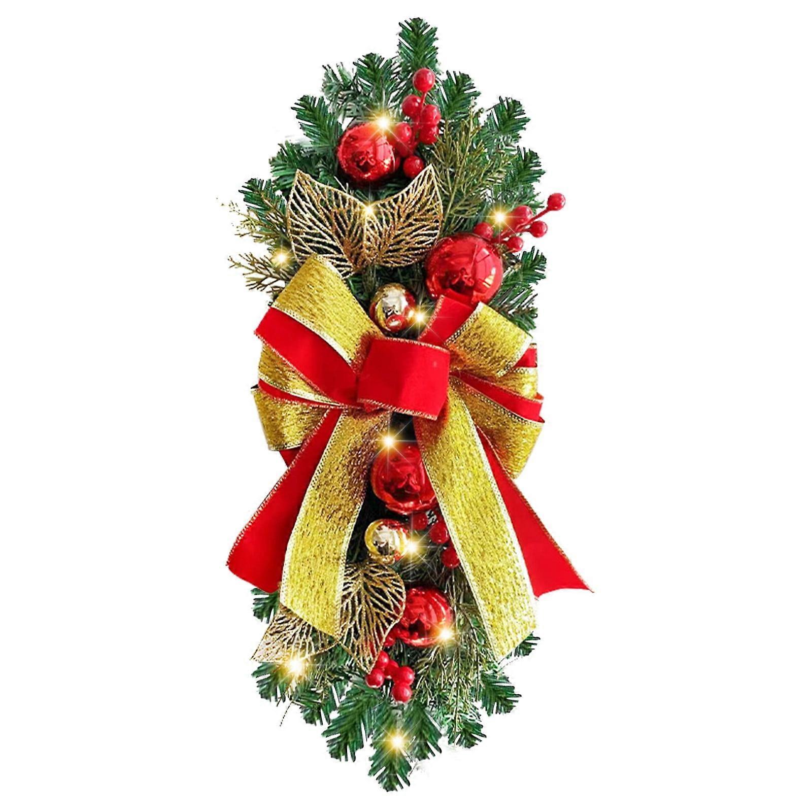Cordless Prelit Stairway Trim Christmas Wreath with Large Red Bow, Berries, compatible with Xmas Door & Wall Decor