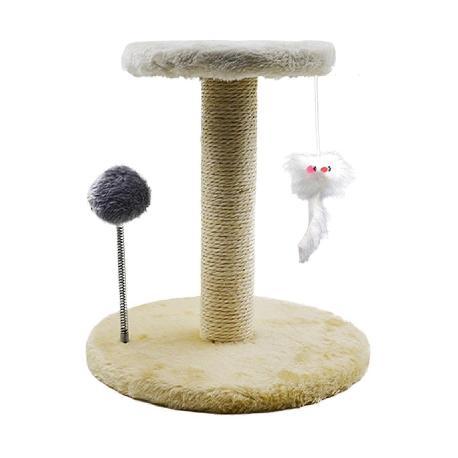 Cat Tree for Indoor Cats with Large Scratching Post, Feather Toy and Spring Ball, Beige Tower for Kittens and Big Cats