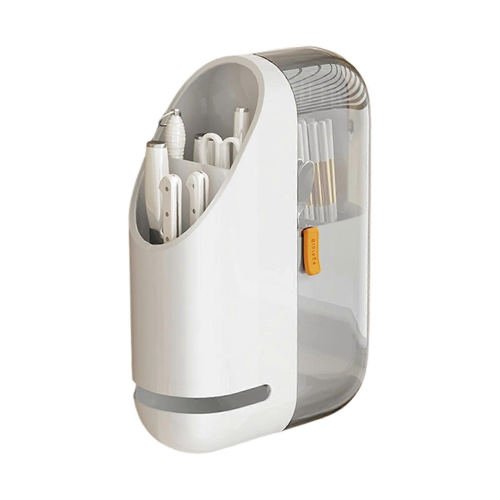 Contemporary Wall Mounted Tool Owner For Chopsticks Spoons Forks Includes Effluent Openings And Dustproof Lid PET Plan  Cream white