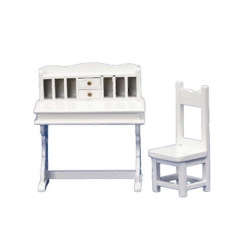 Dolls House White Wood Writing Desk &amp; Chair Miniature Study Office Furniture