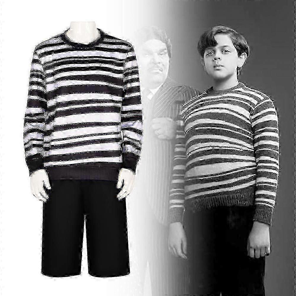 Pugsley Addams زي الأولاد الأربعاء زي أبيض وأسود مخطط قميص الرقبة