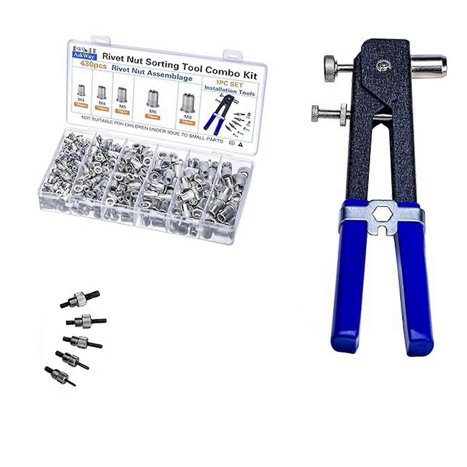 430Pcs 3/4/5/6/8mm Pressure Rivet Nut Tool Kits Metric Rivet Nut with Rivet Nut Installer for Automotive, Marine Multicolor