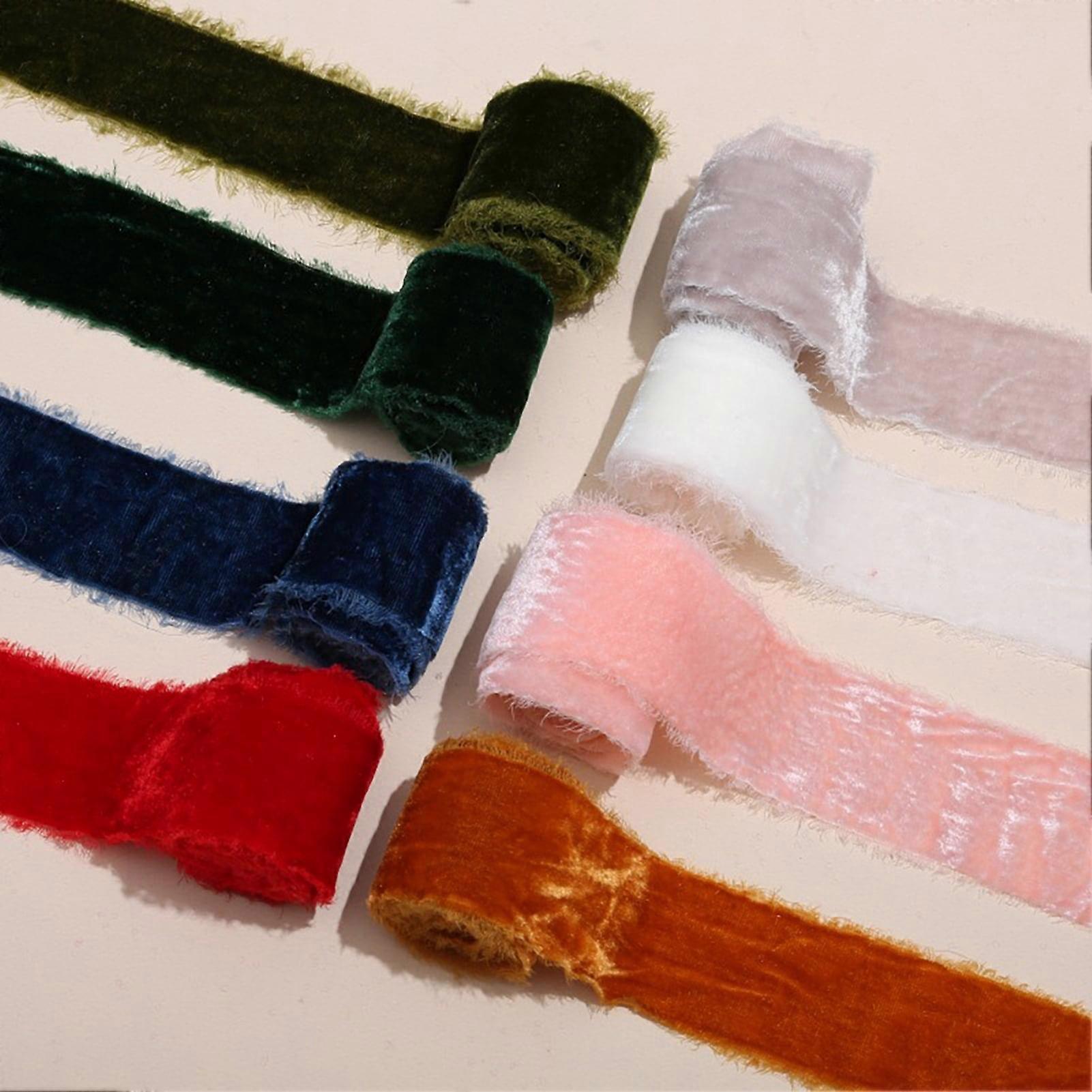Clinaoy 1 Roll Velvet Ribbon Frayed Edge Solid Color Ribbon Rustic Style Fringe Boho Gift Wrapping Ribbon for Bouquet Xmas Tree