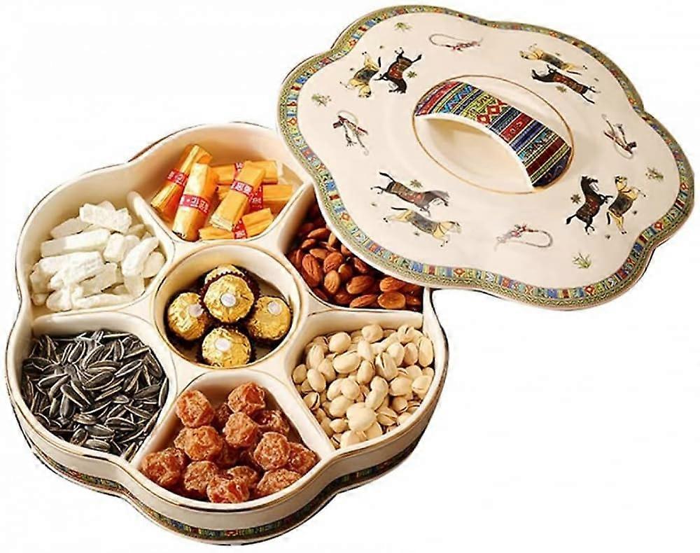 Ceramic Snack Serving Platter with 7 Compartments and Lid for Nuts Candy and Party Organizing
