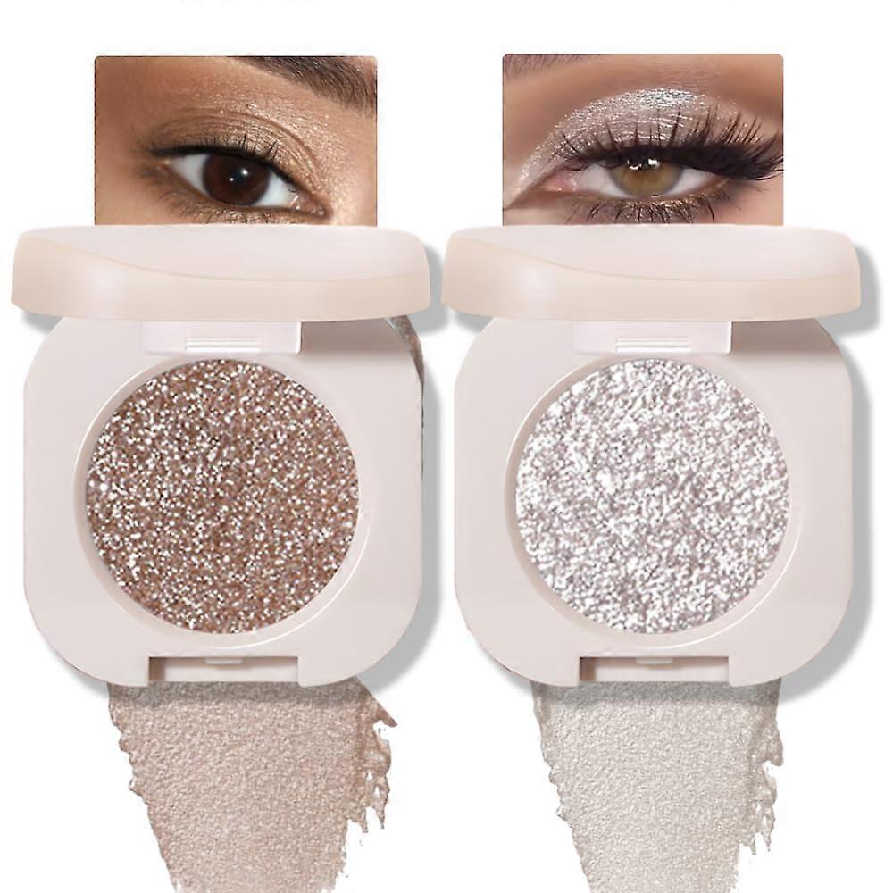 2Pcs Glitter Eyeshadow Palette  Pigment LongLasting Light Brown and Silver Multichrome